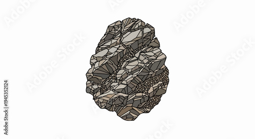 Detailed illustration of a faceted rock formation with varied textures and tones