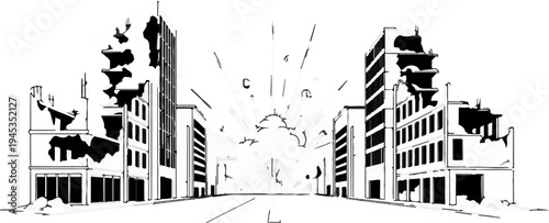 Ruined cityscape with explosion effects emanating from center