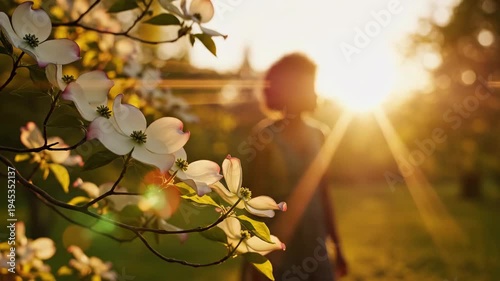 Peaceful woman gracefully walks amidst beautiful blooming dogwood flowers, sunlit nature in golden hour, finding tranquility
