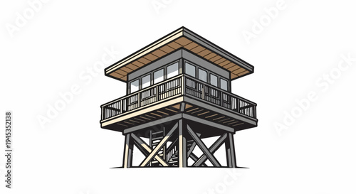 Elevated cabin with wrap-around deck and windows on stilts