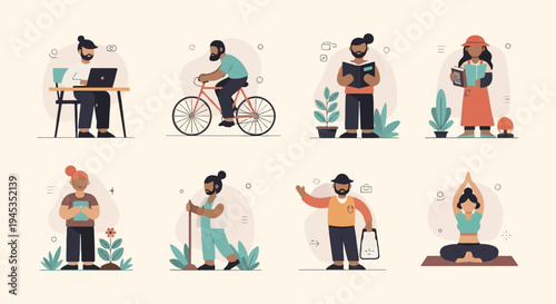 Diverse individuals engaged in various activities like working, cycling, reading, and gardening
