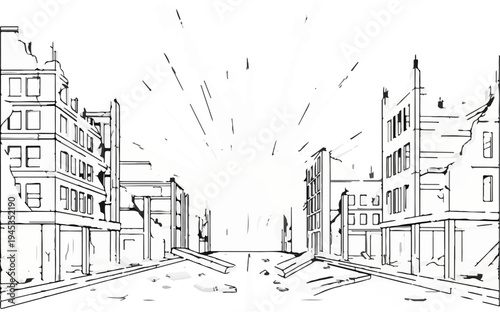 Ruined city street scene with debris and debris-strewn road