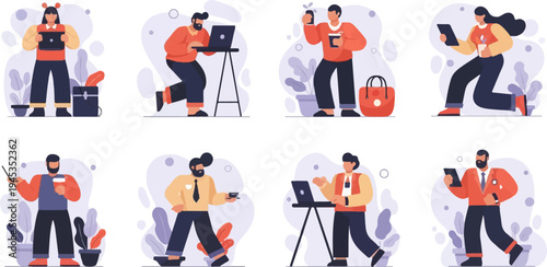 Diverse individuals engage with technology, featuring laptops, tablets, and phones