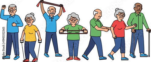 Diverse elderly people exercising with resistance bands and canes