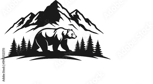 Silhouette of a bear walking through a pine forest with mountains behind