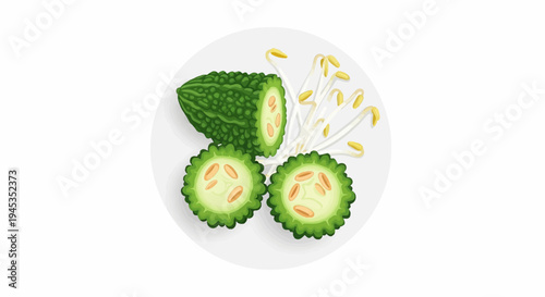 Fresh bitter gourd pieces and sprouts arranged on a plate