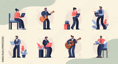 Diverse individuals engage in work and music, using laptops and playing guitars