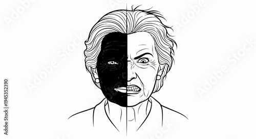 A split-face portrait of an older woman with one side shaded black