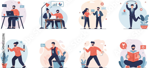 Diverse individuals engaged in work and fitness activities, modern illustrations