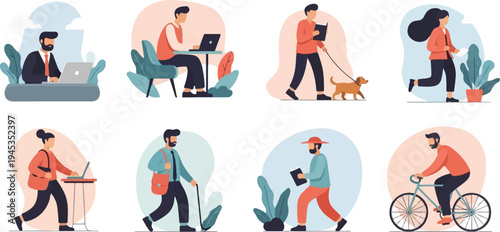 Diverse individuals engaged in daily activities, including work, leisure, and exercise