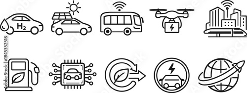 Set of icons representing modern transportation and mobility services