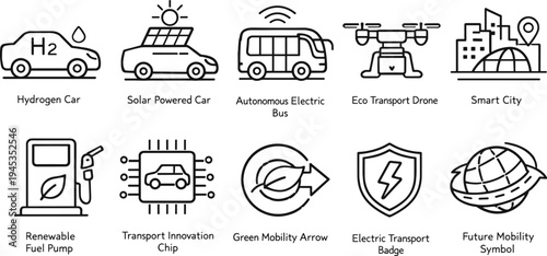 Collection of modern transportation and energy icons representing future mobility concepts