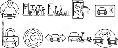Collection of public transportation and connectivity icons for urban mobility concepts
