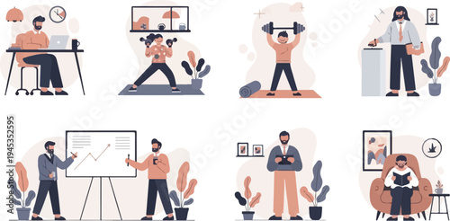 Diverse individuals engaged in work, fitness, and leisure activities (1)