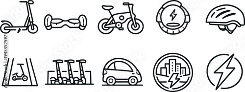 Collection of modern transportation and smart city icons representing eco-friendly mobility solutions