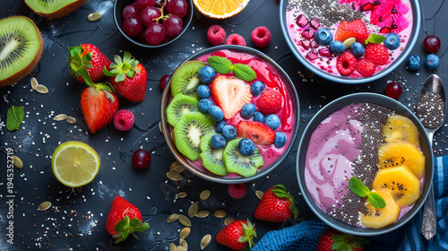 Wallpaper Mural Colorful healthy smoothie bowls with fresh fruits and superfood toppings on dark background Torontodigital.ca