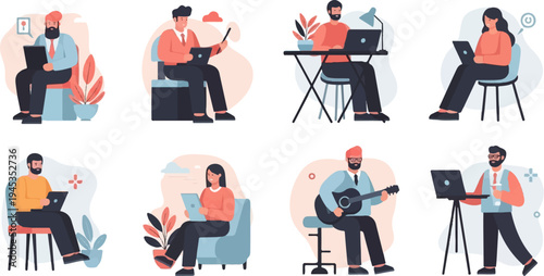 Diverse individuals engaged in various activities, from work to leisure