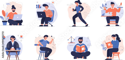 Diverse individuals engaged in various activities like working, running, serving, and reading
