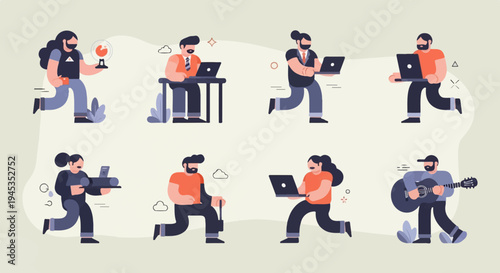 Diverse individuals engaged in various activities with technology and leisure pursuits