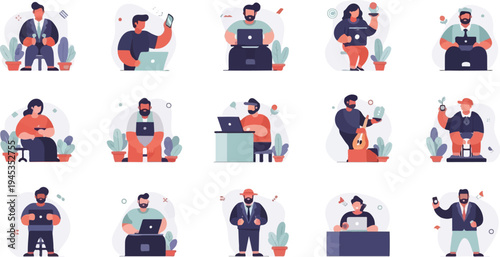 Diverse individuals engaged in various activities with digital devices and plants