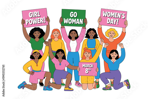 A diverse group of women celebrating Women's Day with signs and smiles