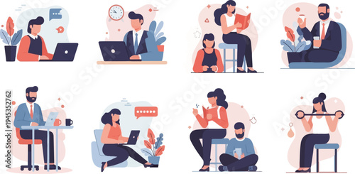 Diverse individuals engaged in various productive and leisure activities, depicted digitally