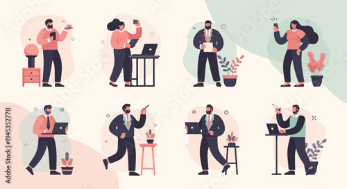 Diverse individuals engaged in various professional activities with modern technology and plants