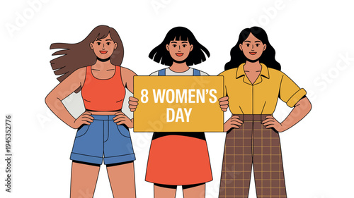 Three diverse women holding a sign celebrating Women's Day together
