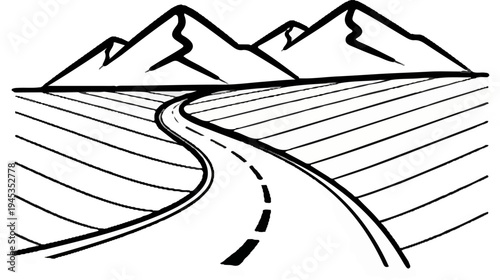 A winding road leads towards distant mountains and striped fields