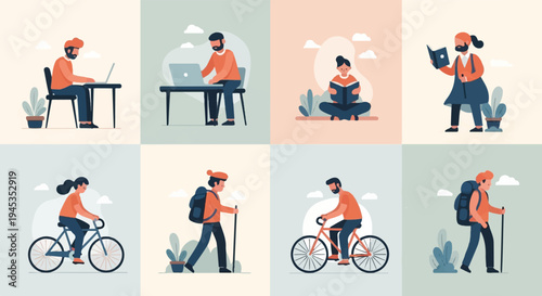 Diverse individuals engaging in activities like cycling, reading, and working on laptops