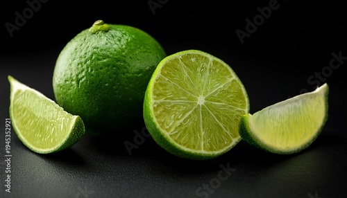 fresh green lime with a whole fruit half slice and wedge cut out on a black background
