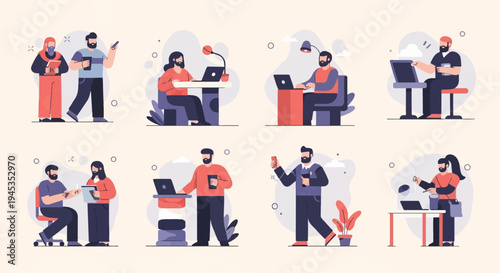 Diverse individuals engaged in various work-related activities, some with technology