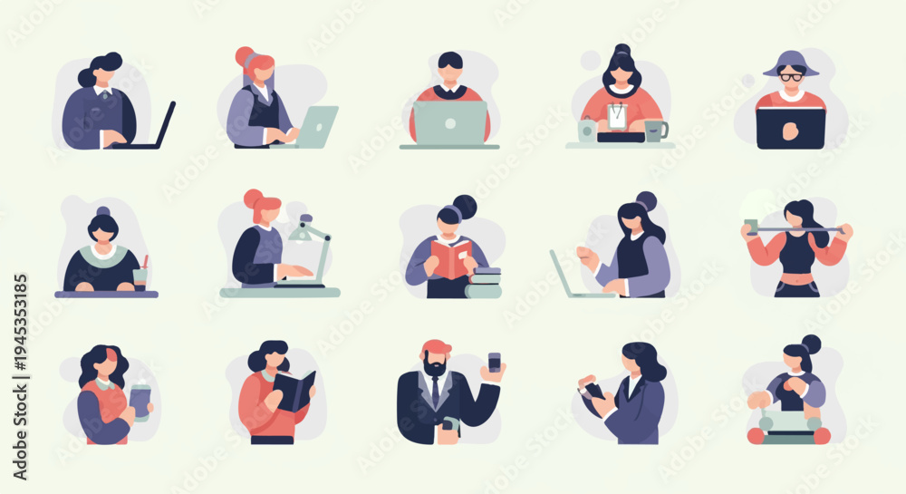 Fototapeta premium Diverse individuals engaged in various work and leisure activities, flat illustration style