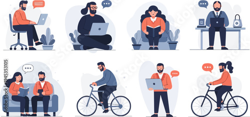 Diverse people engaged in remote work, reading, and cycling activities