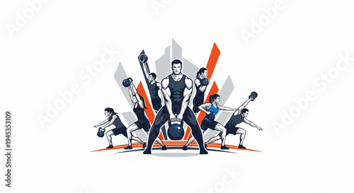 Diverse group of athletes performing kettlebell exercises against a stylized background
