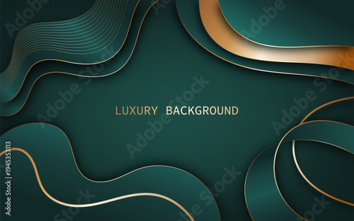 Elegant luxury abstract background on layered green shapes with smooth flowing curves and metallic gold edges. Vector Illustration