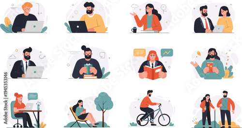 Diverse people engaged in various activities like working, reading, and cycling