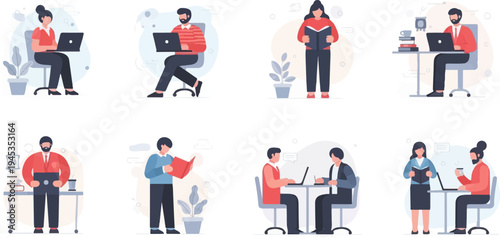 Diverse people engaged in work and study activities in a clean, modern style