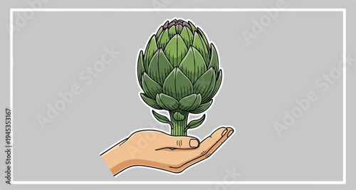 An illustrated hand holding a vibrant green artichoke on a gray background