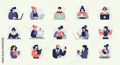 Diverse individuals engaged in various work and leisure activities, flat illustration style