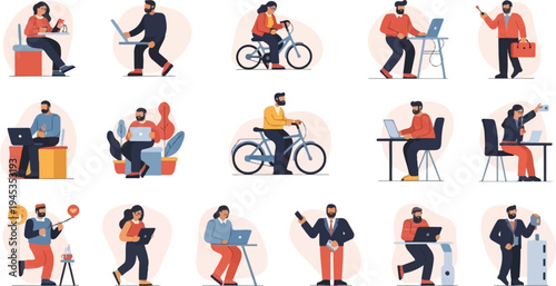 Diverse individuals engaged in various modern activities with technology and transport