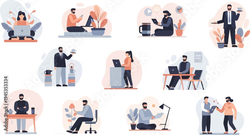 Diverse individuals engaging in remote work and leisure activities at home