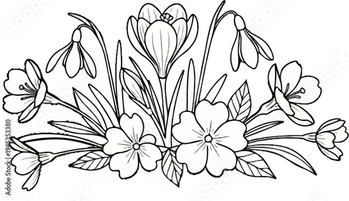 Delicate spring flowers including crocuses and snowdrops arranged in a bouquet