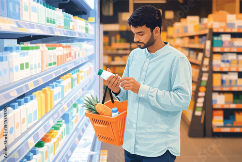 A young man with a smile enjoys a grocery shopping service at the retail supermarket while a professional pharmacist assists people with healthcare medicine on the drugstore shelf