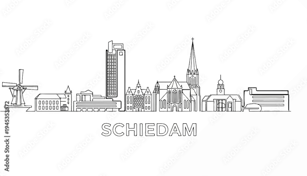 Obraz premium Cityscape silhouette with windmill, church, and modern buildings
