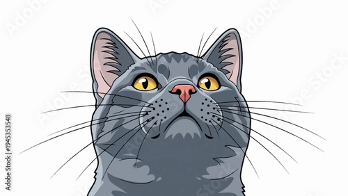 Close-up portrait of a curious grey cat with bright yellow eyes looking up