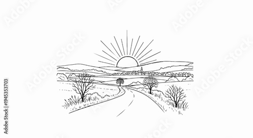 A sun rises over a village in rolling hills with a winding road leading to it