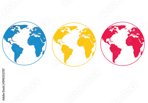 Colorful earth globes in blue, yellow, and red with continental outlines