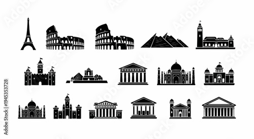 Black silhouette icons of famous landmarks and architectural styles from around the world