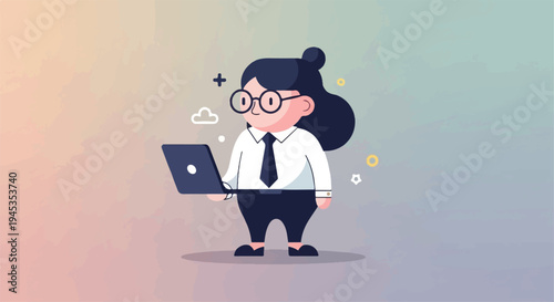 A stylized woman with glasses and a bun holds a laptop
